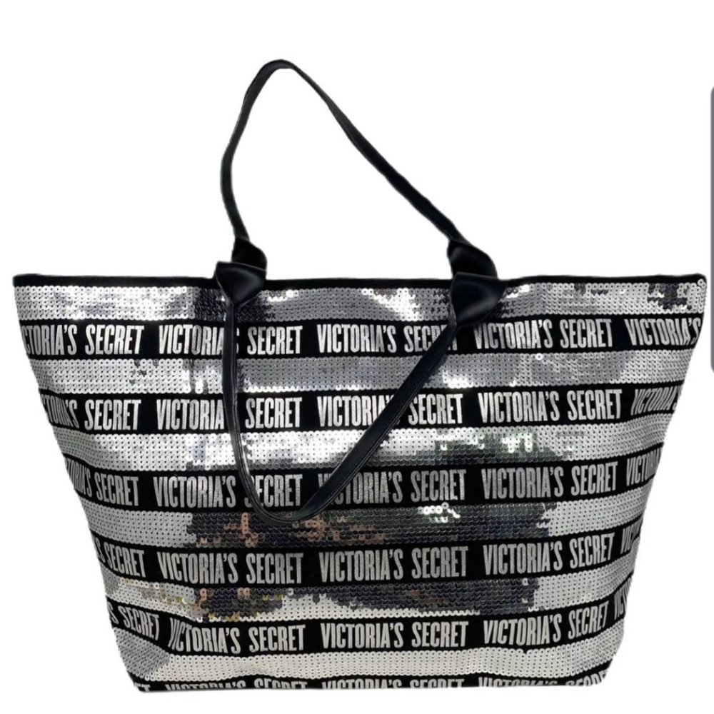 VICTORIA'S SECRET EXTRA LARGE BLACK with SILVER SEQUIN CARRYALL TOTE BAG